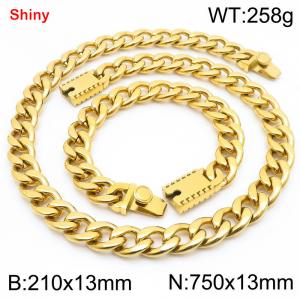 13MM Gold Color Stainless Steel Cuban Chain 21cm Bracelet and 75cm Necklace Set Fashion Shiny Jewelry Sets For Men and Women - KS219653-Z