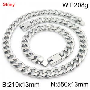 13MM Silver Color Stainless Steel Cuban Chain 21cm Bracelet and 55cm Necklace Set Fashion Shiny Jewelry Sets For Men and Women - KS219656-Z