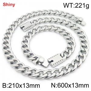 13MM Silver Color Stainless Steel Cuban Chain 21cm Bracelet and 60cm Necklace Set Fashion Shiny Jewelry Sets For Men and Women - KS219657-Z