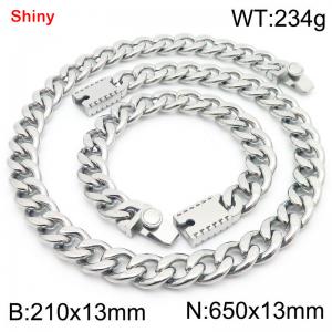 13MM Silver Color Stainless Steel Cuban Chain 21cm Bracelet and 65cm Necklace Set Fashion Shiny Jewelry Sets For Men and Women - KS219658-Z