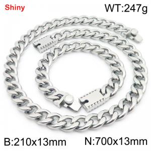 13MM Silver Color Stainless Steel Cuban Chain 21cm Bracelet and 70cm Necklace Set Fashion Shiny Jewelry Sets For Men and Women - KS219659-Z