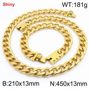 13MM Gold Color Stainless Steel Cuban Chain Crown Charms Snap 21cm Bracelet and 45cm Necklace Set Fashion Shiny Jewelry Sets For Men and Women - KS219668-Z