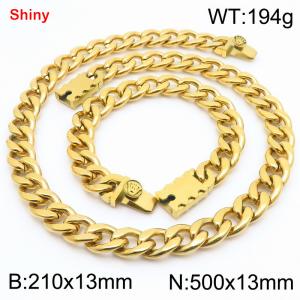 13MM Gold Color Stainless Steel Cuban Chain Crown Charms Snap 21cm Bracelet and 50cm Necklace Set Fashion Shiny Jewelry Sets For Men and Women - KS219669-Z