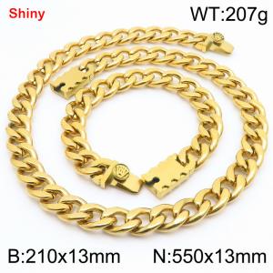 13MM Gold Color Stainless Steel Cuban Chain Crown Charms Snap 21cm Bracelet and 55cm Necklace Set Fashion Shiny Jewelry Sets For Men and Women - KS219670-Z