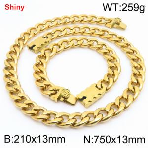 13MM Gold Color Stainless Steel Cuban Chain Crown Charms Snap 21cm Bracelet and 75cm Necklace Set Fashion Shiny Jewelry Sets For Men and Women - KS219674-Z