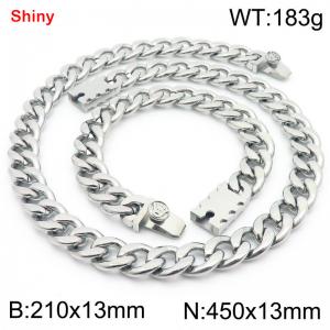 13MM Sivler Color Stainless Steel Cuban Chain Crown Charms Snap 21cm Bracelet and 45cm Necklace Set Fashion Shiny Jewelry Sets For Men and Women - KS219675-Z