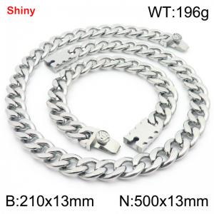 13MM Sivler Color Stainless Steel Cuban Chain Crown Charms Snap 21cm Bracelet and 50cm Necklace Set Fashion Shiny Jewelry Sets For Men and Women - KS219676-Z