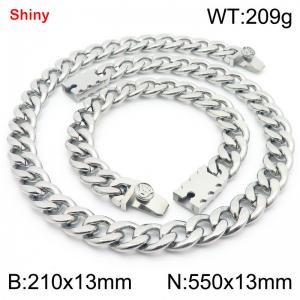 13MM Sivler Color Stainless Steel Cuban Chain Crown Charms Snap 21cm Bracelet and 55cm Necklace Set Fashion Shiny Jewelry Sets For Men and Women - KS219677-Z