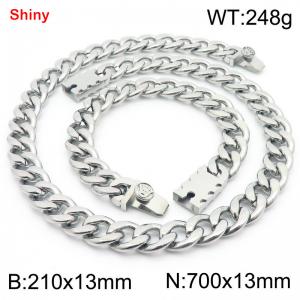 13MM Sivler Color Stainless Steel Cuban Chain Crown Charms Snap 21cm Bracelet and 70cm Necklace Set Fashion Shiny Jewelry Sets For Men and Women - KS219680-Z