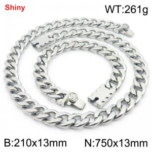 13MM Sivler Color Stainless Steel Cuban Chain Crown Charms Snap 21cm Bracelet and 75cm Necklace Set Fashion Shiny Jewelry Sets For Men and Women - KS219681-Z