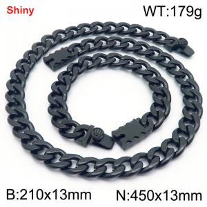 13MM Black Color Stainless Steel Cuban Chain Crown Charms Snap 21cm Bracelet and 45cm Necklace Set Fashion Shiny Jewelry Sets For Men and Women - KS219682-Z