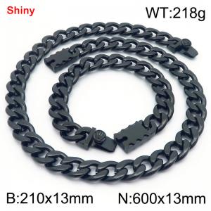 13MM Black Color Stainless Steel Cuban Chain Crown Charms Snap 21cm Bracelet and 60cm Necklace Set Fashion Shiny Jewelry Sets For Men and Women - KS219685-Z