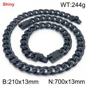 13MM Black Color Stainless Steel Cuban Chain Crown Charms Snap 21cm Bracelet and 70cm Necklace Set Fashion Shiny Jewelry Sets For Men and Women - KS219687-Z