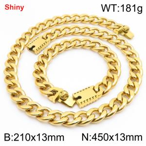 13MM Gold Color Stainless Steel Cuban Chain 21cm Bracelet and 45cm Necklace Set Fashion Shiny Jewelry Sets For Men and Women - KS219689-Z