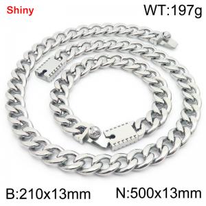 13MM Silver Color Stainless Steel Cuban Chain 21cm Bracelet and 50cm Necklace Set Fashion Shiny Jewelry Sets For Men and Women - KS219697-Z