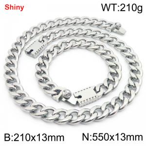 13MM Silver Color Stainless Steel Cuban Chain 21cm Bracelet and 55cm Necklace Set Fashion Shiny Jewelry Sets For Men and Women - KS219698-Z