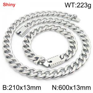 13MM Silver Color Stainless Steel Cuban Chain 21cm Bracelet and 60cm Necklace Set Fashion Shiny Jewelry Sets For Men and Women - KS219699-Z