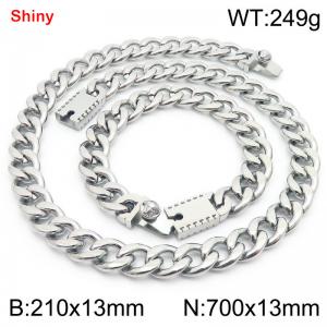 13MM Silver Color Stainless Steel Cuban Chain 21cm Bracelet and 70cm Necklace Set Fashion Shiny Jewelry Sets For Men and Women - KS219701-Z