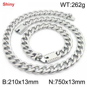 13MM Silver Color Stainless Steel Cuban Chain 21cm Bracelet and 75cm Necklace Set Fashion Shiny Jewelry Sets For Men and Women - KS219702-Z