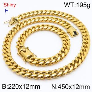 Fashionable and personalized stainless steel 220 x 12mm&450 x 12mm Cuban chain dragon whisker buckle jewelry hip-hop charm gold set - KS219750-Z