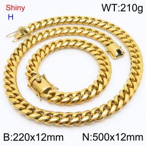 Fashionable and personalized stainless steel 220 x 12mm&500 x 12mm Cuban chain dragon whisker buckle jewelry hip-hop charm gold set - KS219751-Z