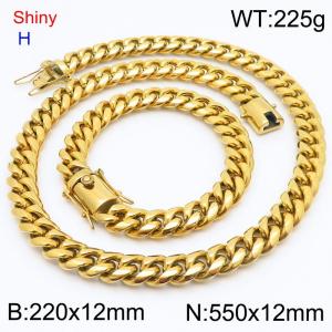 Fashionable and personalized stainless steel 220 x 12mm&550 x 12mm Cuban chain dragon whisker buckle jewelry hip-hop charm gold set - KS219752-Z