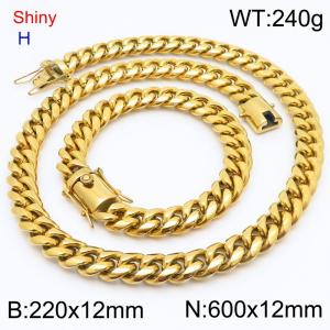 Fashionable and personalized stainless steel 220 x 12mm&600 x 12mm Cuban chain dragon whisker buckle jewelry hip-hop charm gold set - KS219753-Z