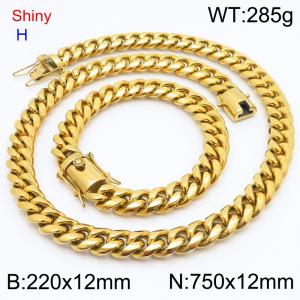 Fashionable and personalized stainless steel 220 x 12mm&750 x 12mm Cuban chain dragon whisker buckle jewelry hip-hop charm gold set - KS219756-Z