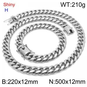 Fashionable and personalized stainless steel 220 x 12mm&500 x 12mm Cuban chain dragon whisker buckle jewelry hip-hop charm silver set - KS219758-Z