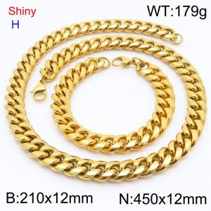 Fashionable and personalized stainless steel 210 x 12mm&450 x 12mm Cuban chain lobster buckle jewelry hip-hop charm gold set - KS219764-Z