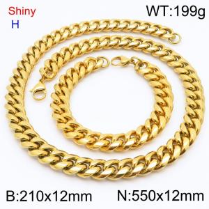 Fashionable and personalized stainless steel 210 x 12mm&550 x 12mm Cuban chain lobster buckle jewelry hip-hop charm gold set - KS219766-Z