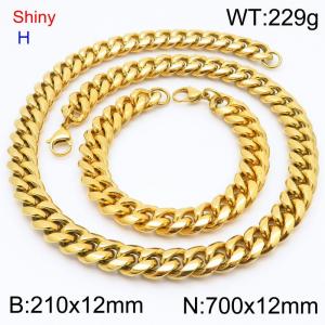 Fashionable and personalized stainless steel 210 x 12mm&700 x 12mm Cuban chain lobster buckle jewelry hip-hop charm gold set - KS219769-Z