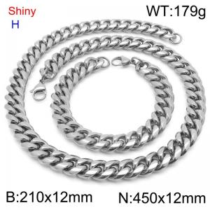 Fashionable and personalized stainless steel 210 x 12mm&450 x 12mm Cuban chain lobster buckle jewelry hip-hop charm silver set - KS219771-Z