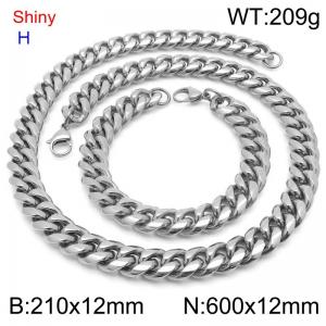 Fashionable and personalized stainless steel 210 x 12mm&600 x 12mm Cuban chain lobster buckle jewelry hip-hop charm silver set - KS219774-Z