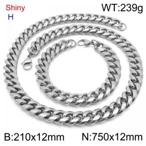 Fashionable and personalized stainless steel 210 x 12mm&750 x 12mm Cuban chain lobster buckle jewelry hip-hop charm silver set - KS219777-Z