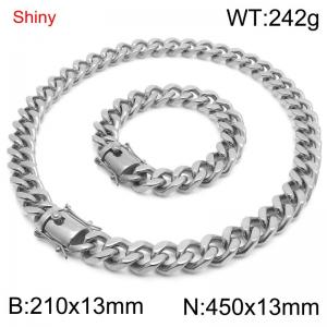 Simple and stylish polished stainless steel 13mm faucet buckle Cuban chain bracelet necklace set - KS219785-Z