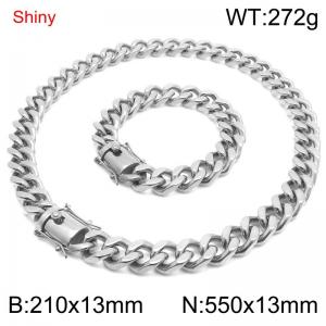 Simple and stylish polished stainless steel 13mm faucet buckle Cuban chain bracelet necklace set - KS219787-Z