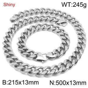 Simple and stylish polished stainless steel 13mm Cuban bracelet necklace set - KS219807-Z