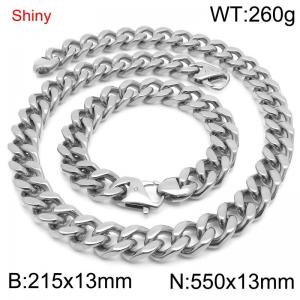 Simple and stylish polished stainless steel 13mm Cuban bracelet necklace set - KS219808-Z