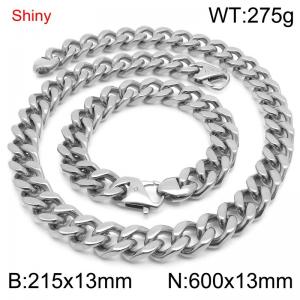 Simple and stylish polished stainless steel 13mm Cuban bracelet necklace set - KS219809-Z