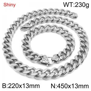 Simple and stylish polished stainless steel 13mm patterned buckle Cuban bracelet necklace set - KS219827-Z