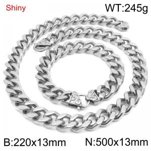 Simple and stylish polished stainless steel 13mm patterned buckle Cuban bracelet necklace set - KS219828-Z