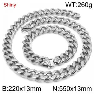 Simple and stylish polished stainless steel 13mm patterned buckle Cuban bracelet necklace set - KS219829-Z