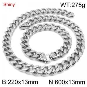 Simple and stylish polished stainless steel 13mm patterned buckle Cuban bracelet necklace set - KS219830-Z