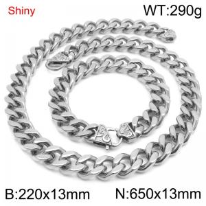 Simple and stylish polished stainless steel 13mm patterned buckle Cuban bracelet necklace set - KS219831-Z