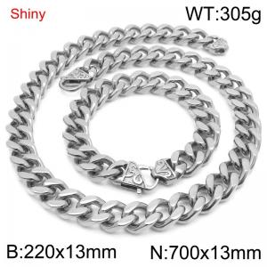 Simple and stylish polished stainless steel 13mm patterned buckle Cuban bracelet necklace set - KS219832-Z