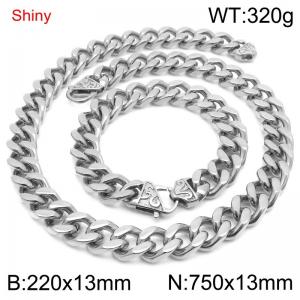 Simple and stylish polished stainless steel 13mm patterned buckle Cuban bracelet necklace set - KS219833-Z