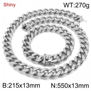 Simple and stylish polished stainless steel 13mm dragon whisker buckle Cuban bracelet necklace set - KS219850-Z