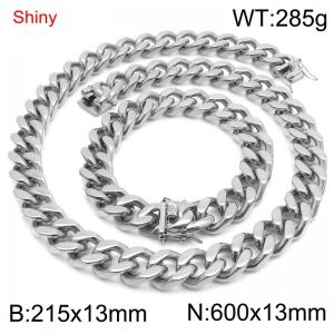 Simple and stylish polished stainless steel 13mm dragon whisker buckle Cuban bracelet necklace set - KS219851-Z