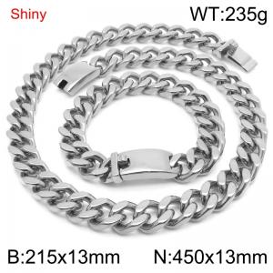 Simple and stylish polished stainless steel 13mm smooth surface buckle Cuban bracelet necklace set - KS219869-Z